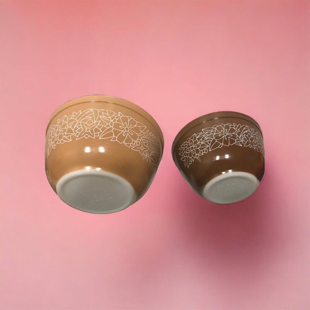 Vintage Pyrex Nesting Bowls Set Of 2 Mixing Woodland Brown‎ Floral #401 #402